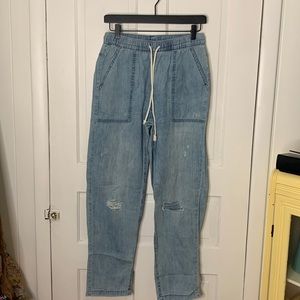 Aerie Pull On Drawstring Distressed  Baggy Legged Jeans